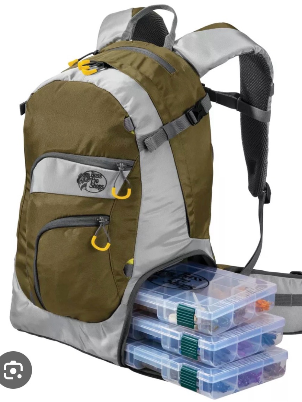 Bass Pro Shops Olive and Gray Fishing Tackle Backpack with Yellow Accents